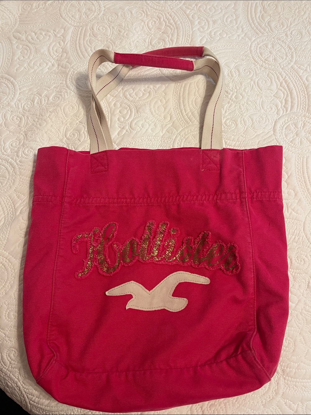 Hollister Bright Pink Canvas Tote with Cream Accent